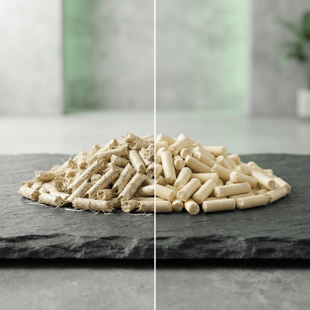 Bamboo fiber cat litter compared side by side with soybean tofu cat litter